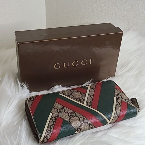 💯Authentic Gucci Round Zip Long Wallet GG Chevron Beige Green Red🍀 - Picture 4 of 16